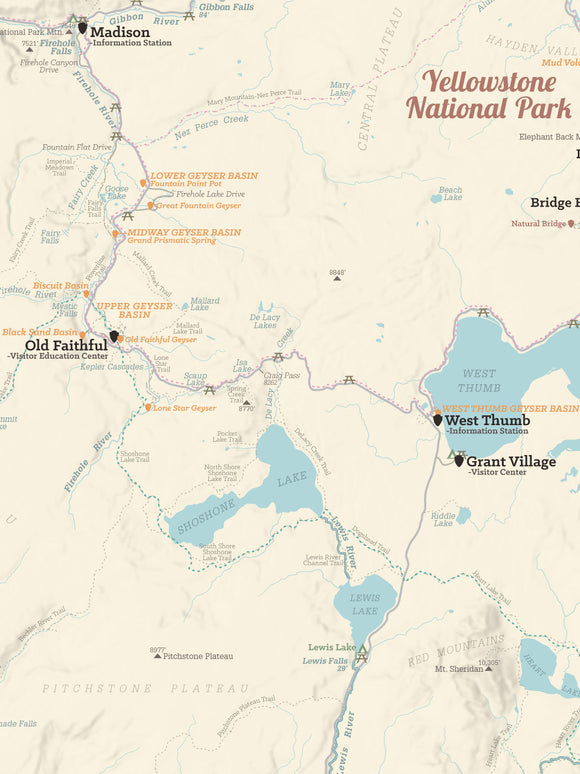 Yellowstone National Park Hiking Trail Map Poster - tan