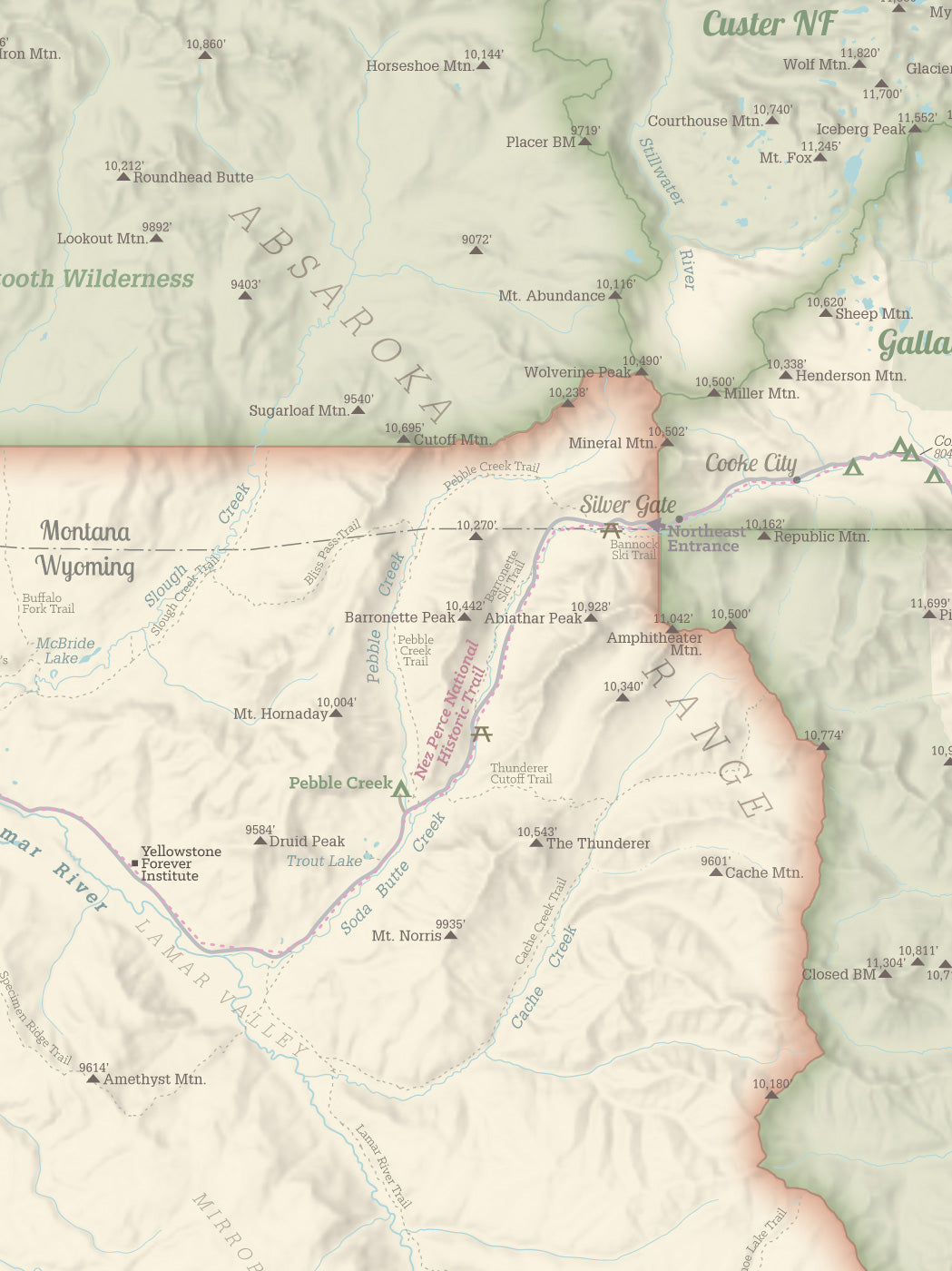 Yellowstone National Park Hiking Trail Map Poster - tan