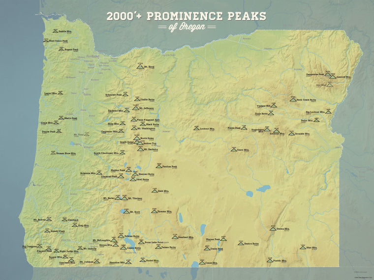 Oregon 2000' Prominence Peaks Map Poster - natural earth