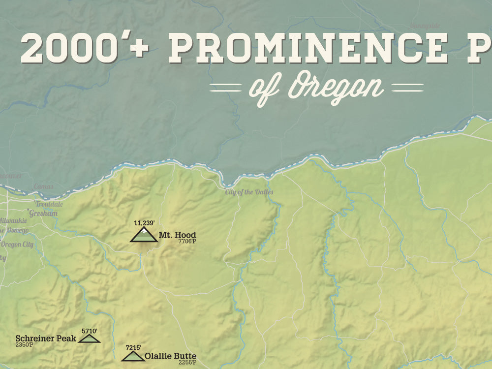 Oregon 2000' Prominence Peaks Map Poster - natural earth