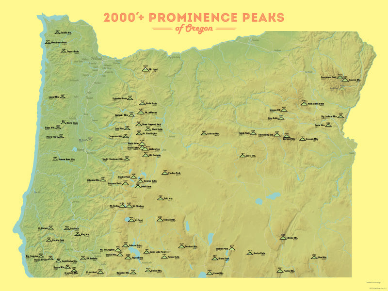 Oregon 2000' Prominence Peaks Map Poster - green & yellow