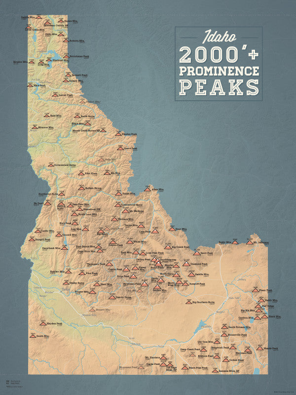 Idaho 2000' Prominence Peaks Map Poster - natural earth