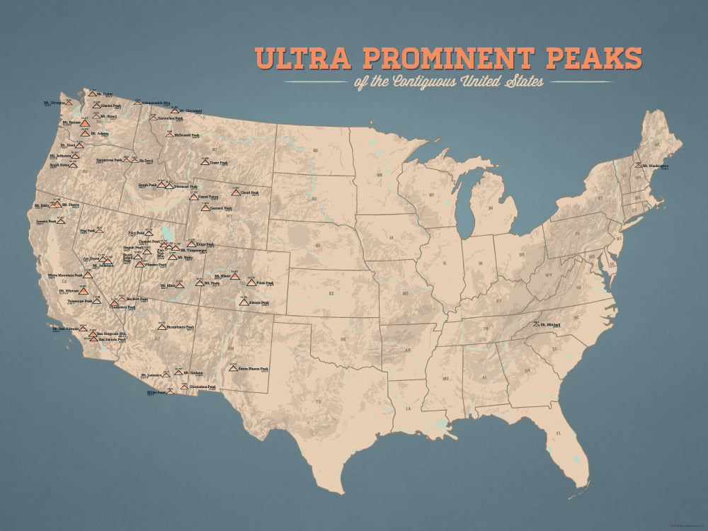 Ultra Prominent Peaks Map Poster - Tan & Slate Blue