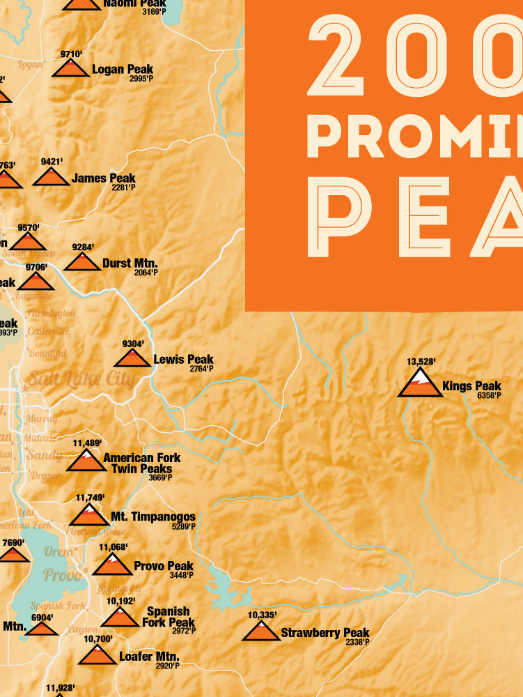 Utah 2000' Prominence Peaks Map Poster - cream & orange