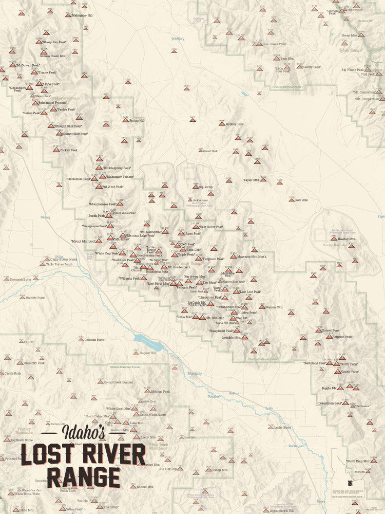 Idaho Lost River Range Climber Checklist Map - tan