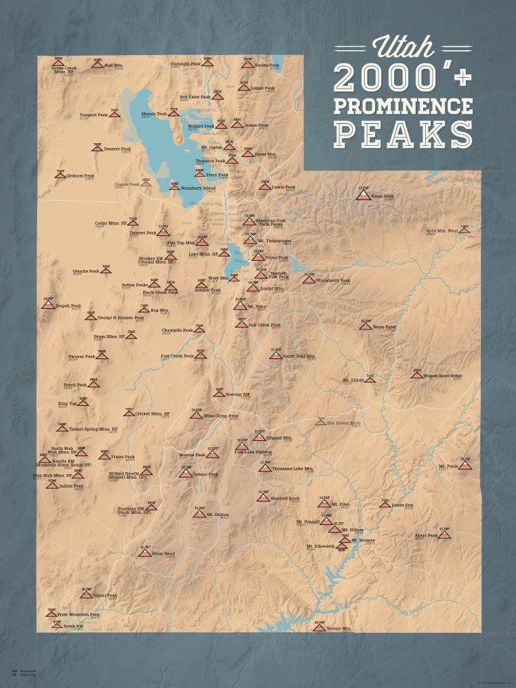 Utah 2000' Prominence Peaks Map Poster - camel & slate blue