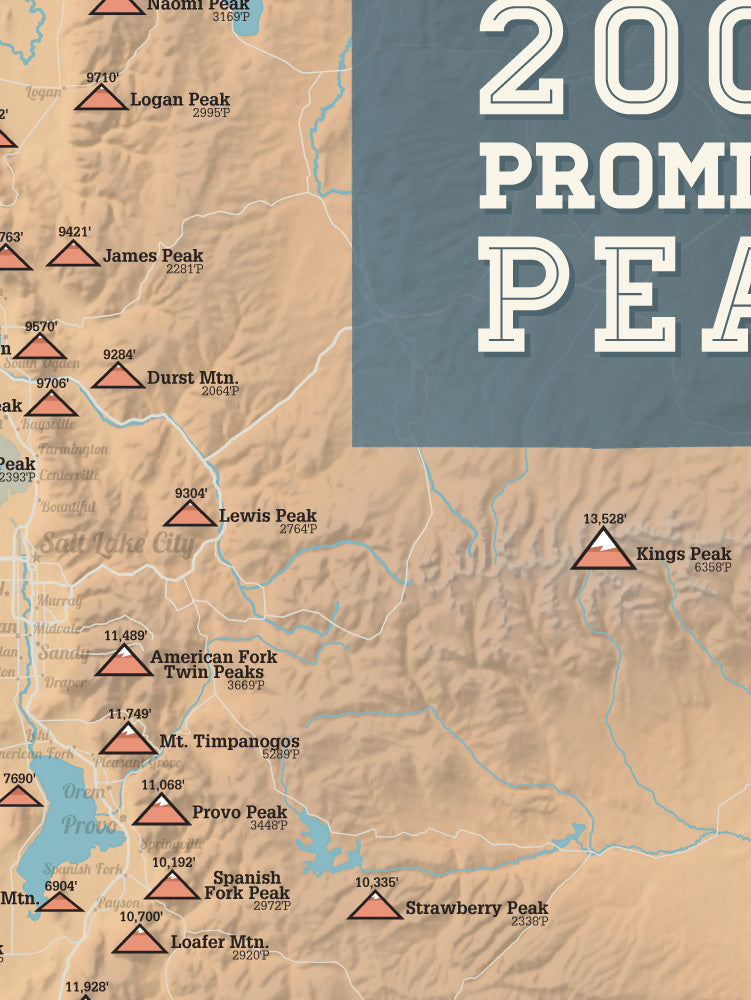 Utah 2000' Prominence Peaks Map Poster - camel & slate blue