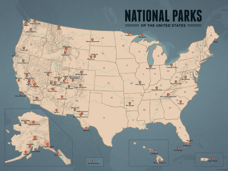 US National Parks Map Poster - tan & slate blue