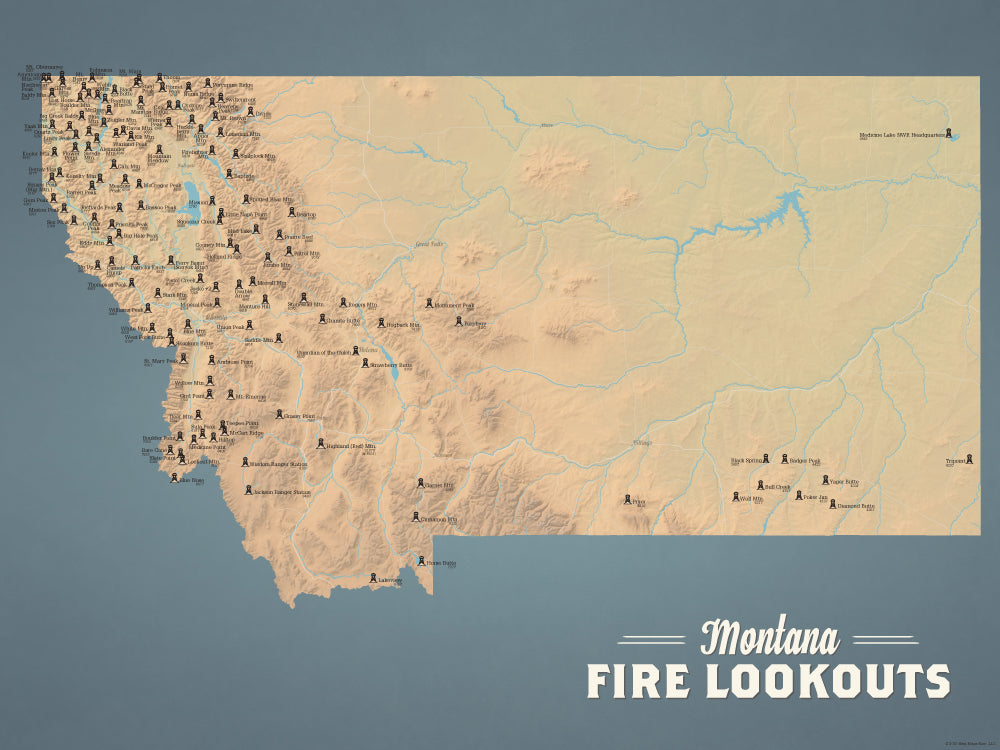 Montana Fire Towers Lookouts map poster - natural earth