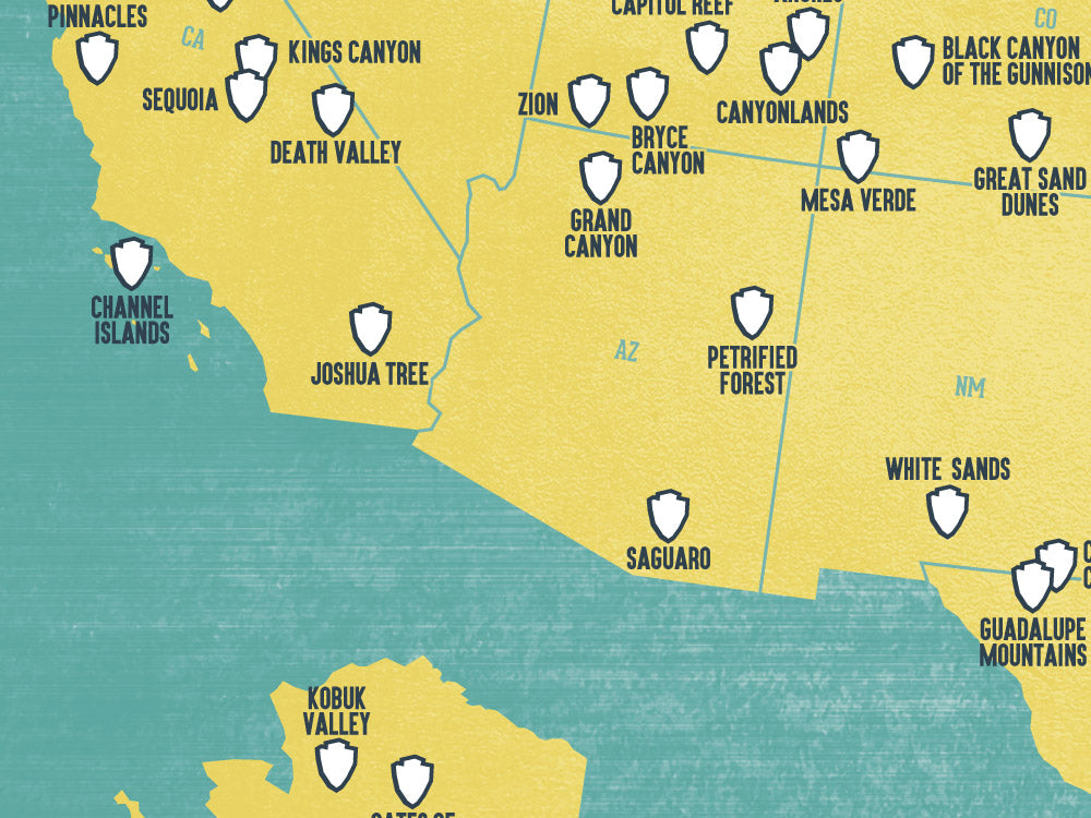 US National Parks Map Poster - Yellow & Teal