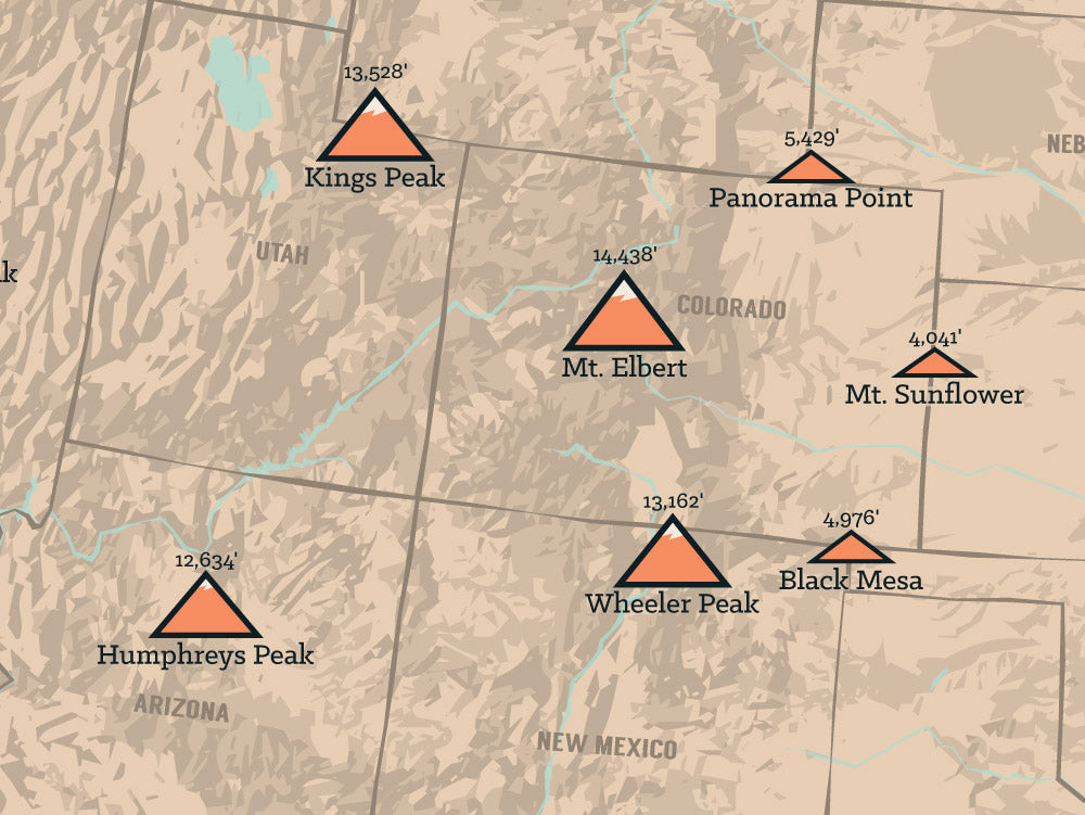 State High Points Highpoints Map Poster - tan & slate blue