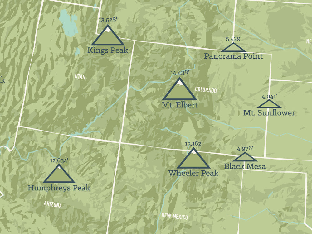 State High Points Highpoints Map Poster - sage & aqua