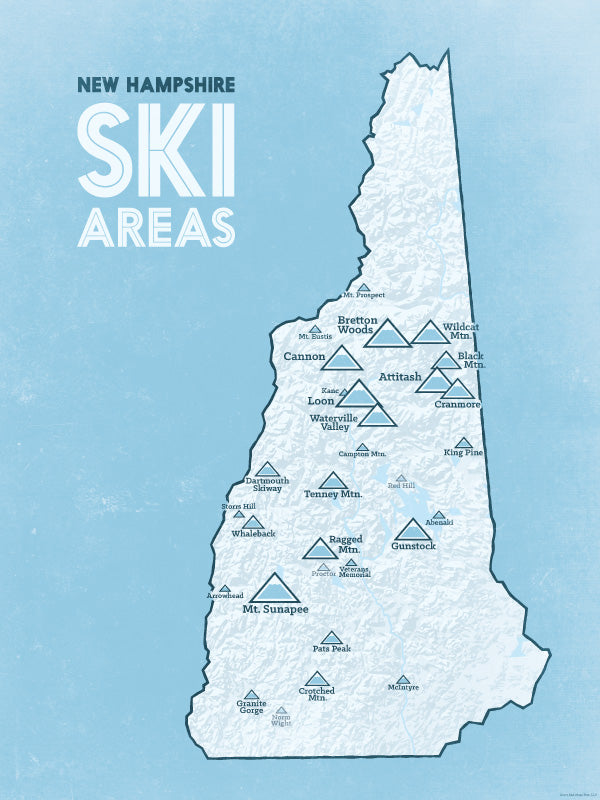 New Hampshire Ski Resorts Map Poster - White & Light Blue