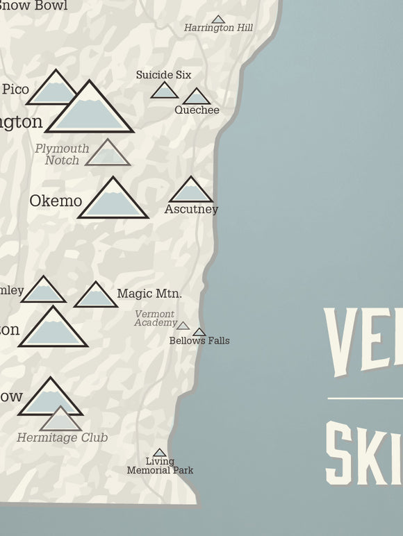Vermont Ski Areas Resorts Map Poster - beige & slate