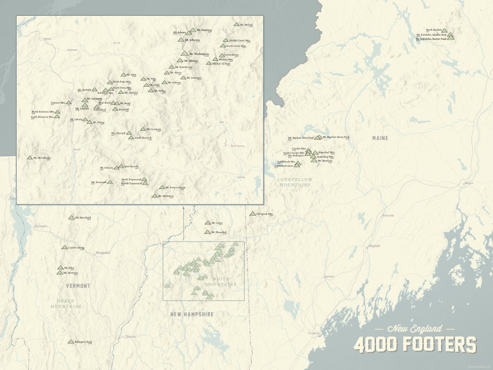 New England 4000 Footers Map Poster - Beige & Slate