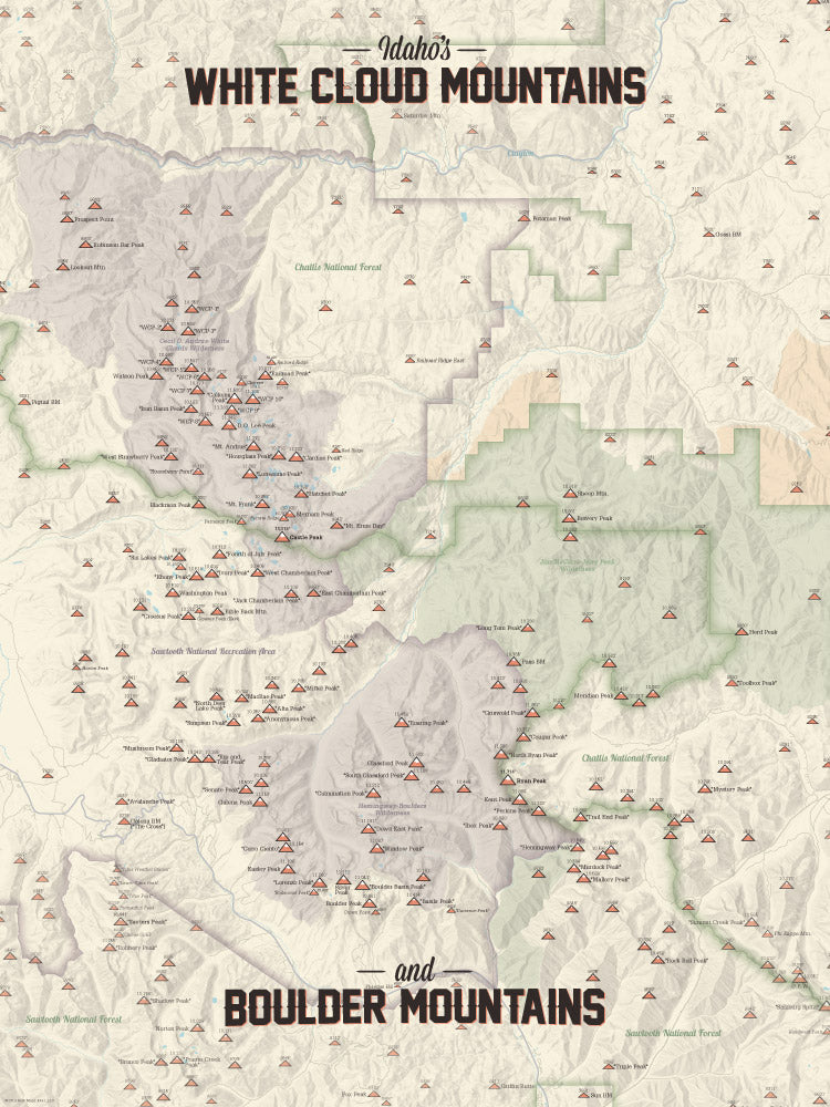 Idaho Boulder Mountains & White Cloud Mountains Climbers' Checklist Map - tan