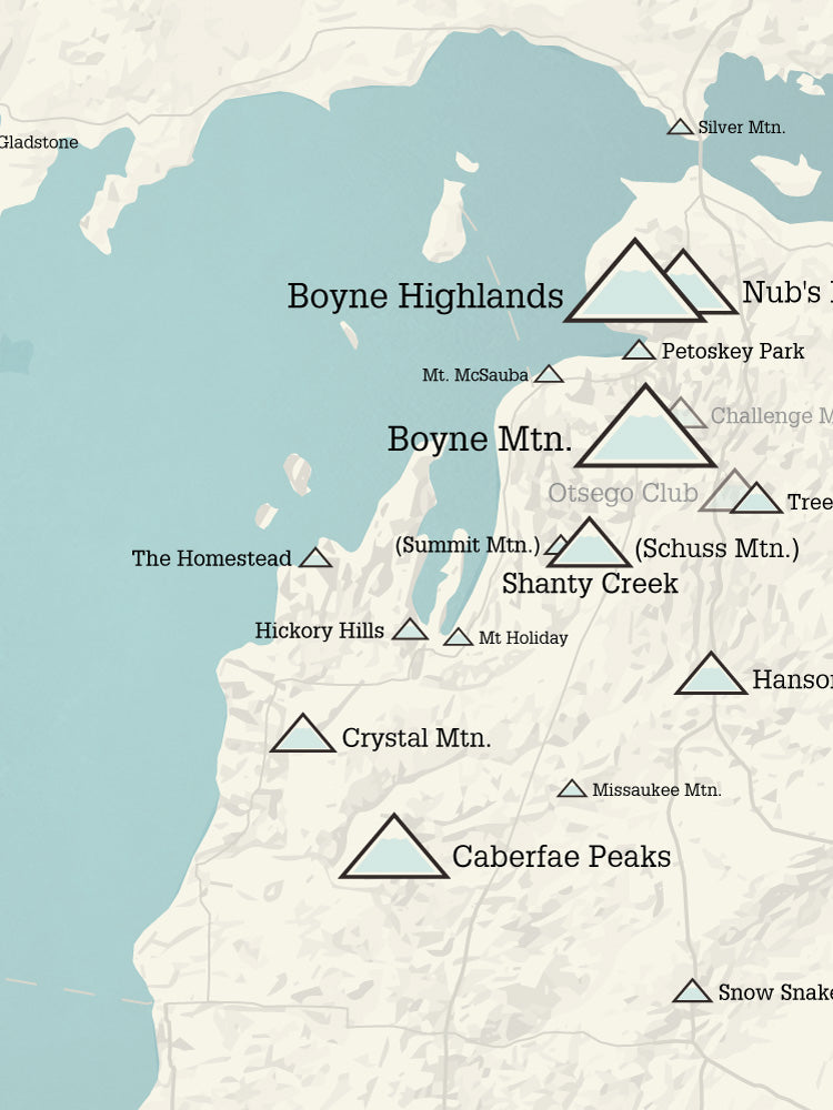 Michigan Ski Areas Resorts Map Poster - beige & opal blue