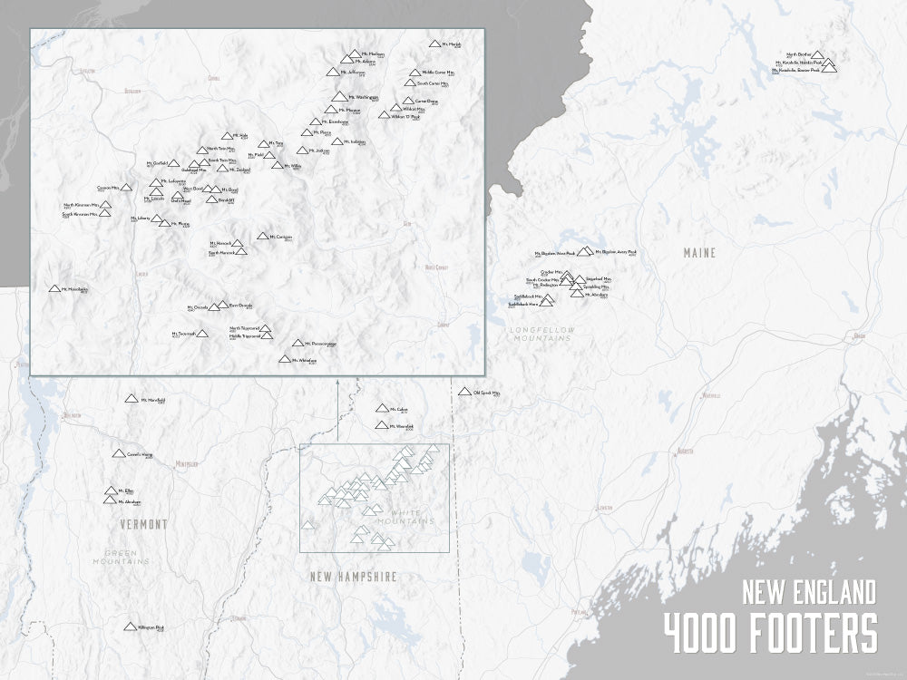 New England 4000 Footers Map Poster - white & gray