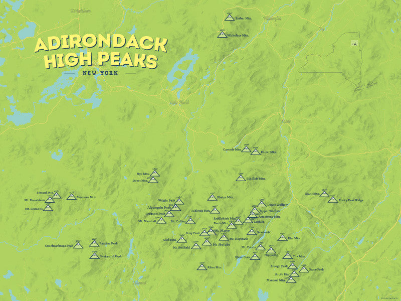 Adirondack High Peaks 46ers Map Poster - Bright Green