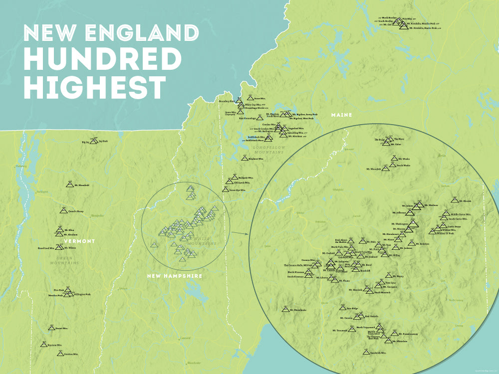 New England Hundred Highest map poster - Green & Aqua