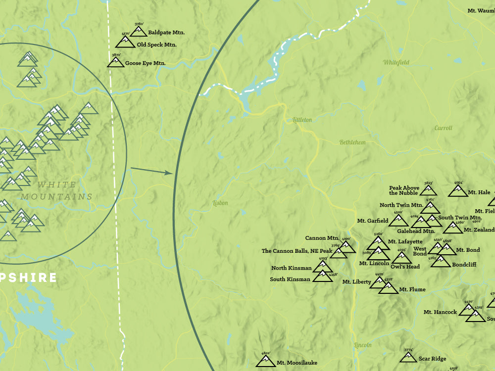 New England Hundred Highest map poster - Green & Aqua