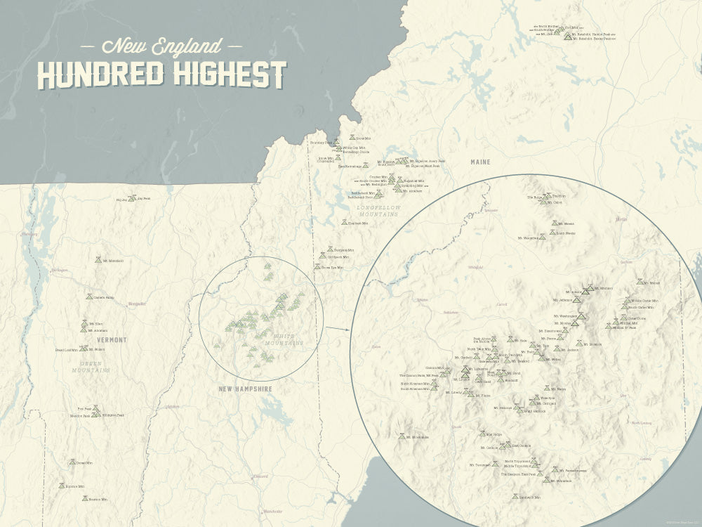 New England Hundred Highest Map Poster - Beige & Slate