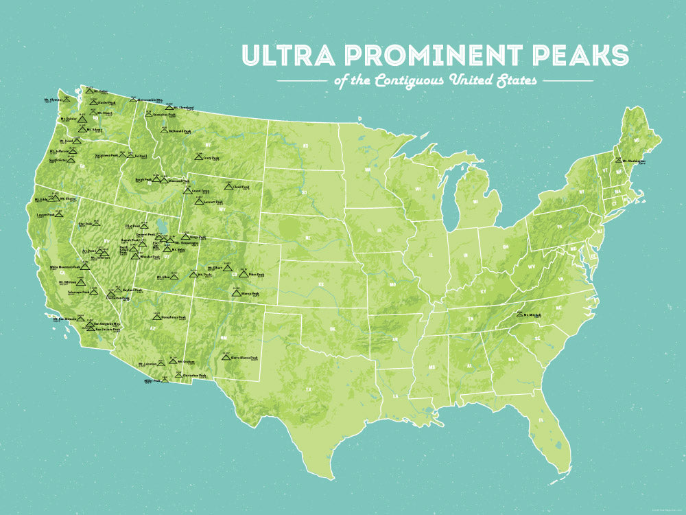 Ultra Prominent Peaks Map Poster - Green & Aqua