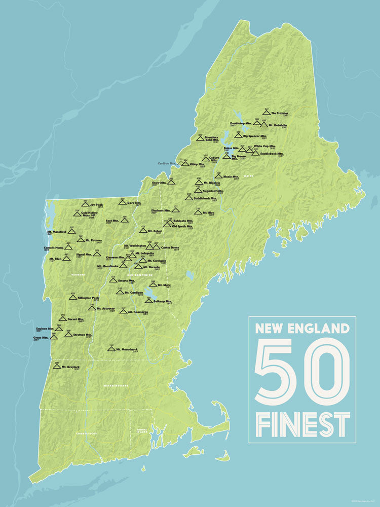 New England Fifty Finest Map Poster - green & aqua