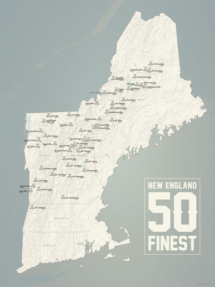 New England Fifty Finest Map Poster - beige & slate