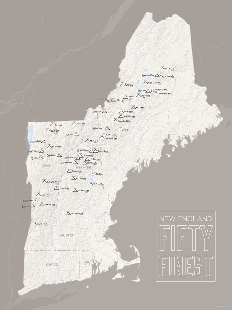 New England Fifty Finest Map Poster - white & gray