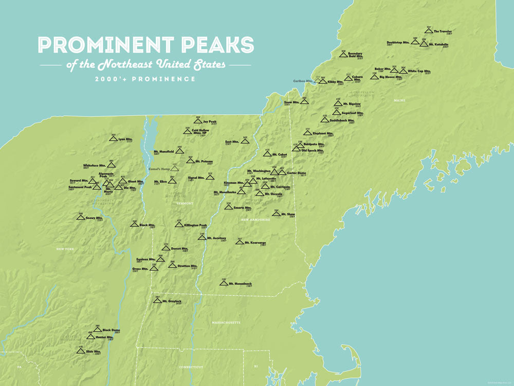 Northeast USA Prominent Peaks Map Poster - Green & Aqua