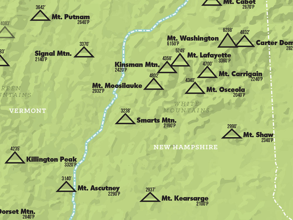 Northeast USA Prominent Peaks Map Poster - Green & Aqua