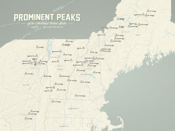 Northeast USA 2000' Prominence Peaks Map 18x24 Poster