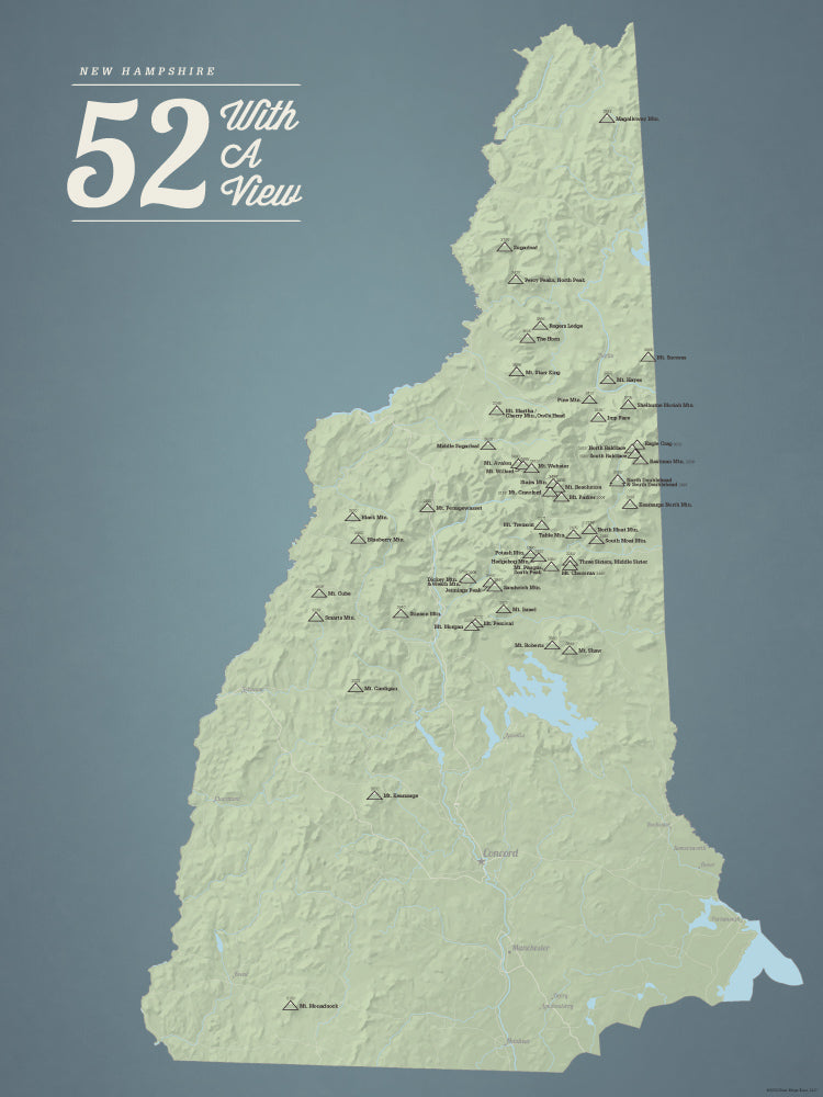 New Hampshire '52 With A View' Map Checklist Poster - sage & slate blue