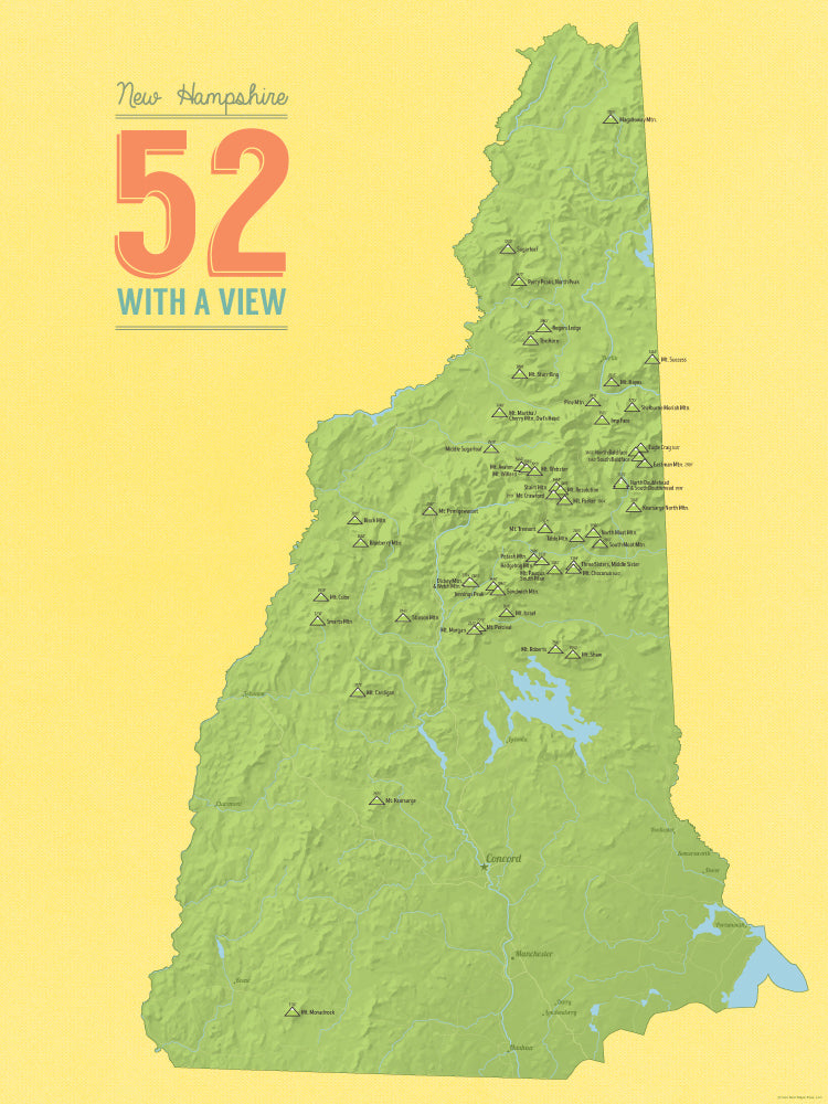 New Hampshire '52 With A View' Map Checklist Poster - green & yellow