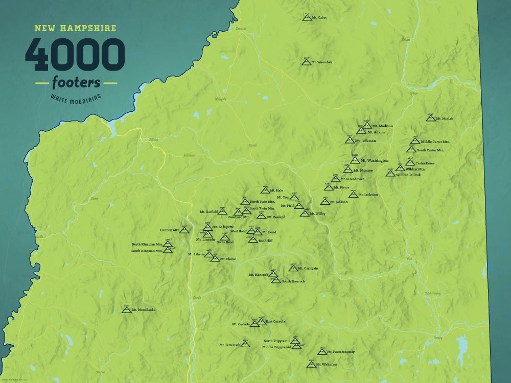 New Hampshire White Mountains 4000 Footers Map Poster - green & teal