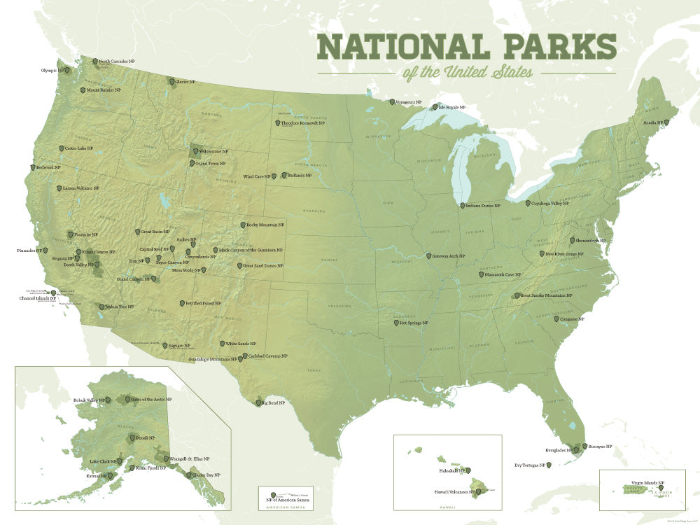 USA National Parks map poster - army green & white
