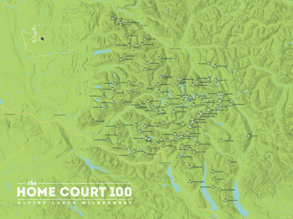 Alpine Lakes Home Court 100 Map Poster - bright green
