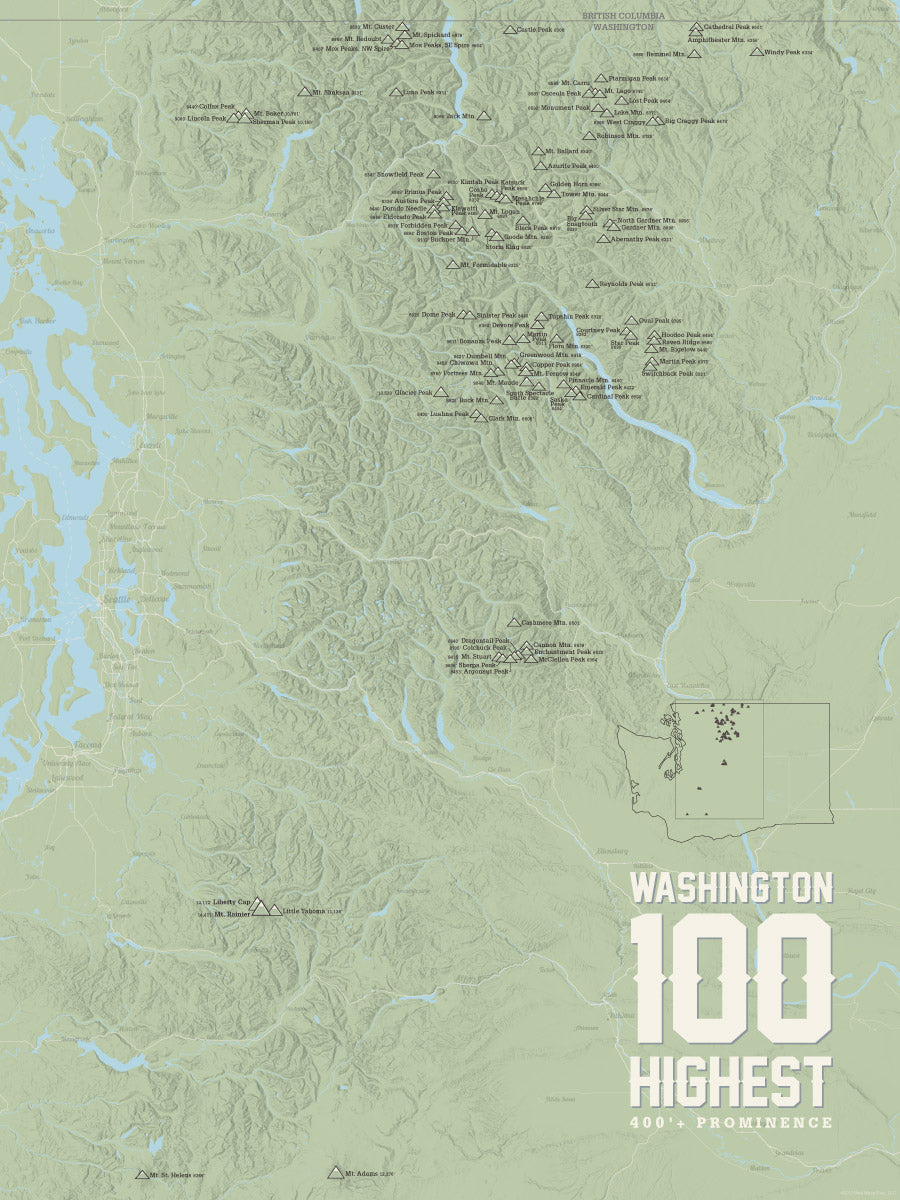 Washington Hundred Highest Peaks map poster - sage