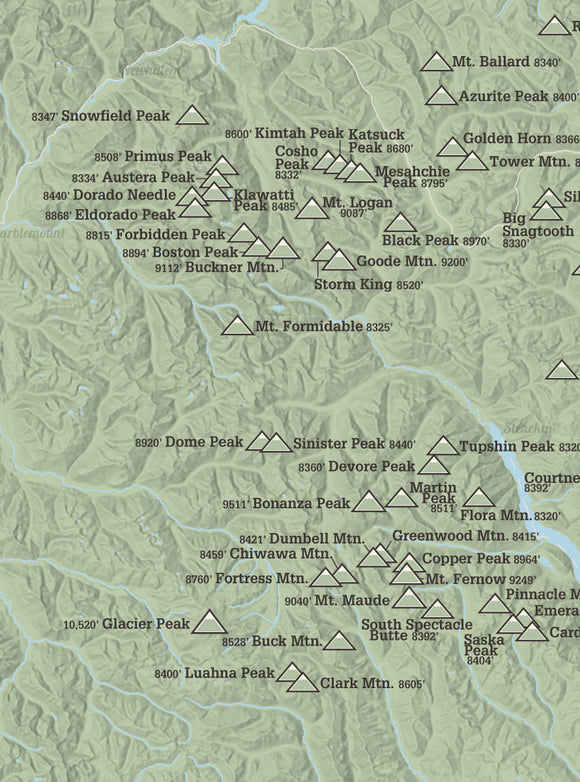Washington Hundred Highest Peaks map poster - sage