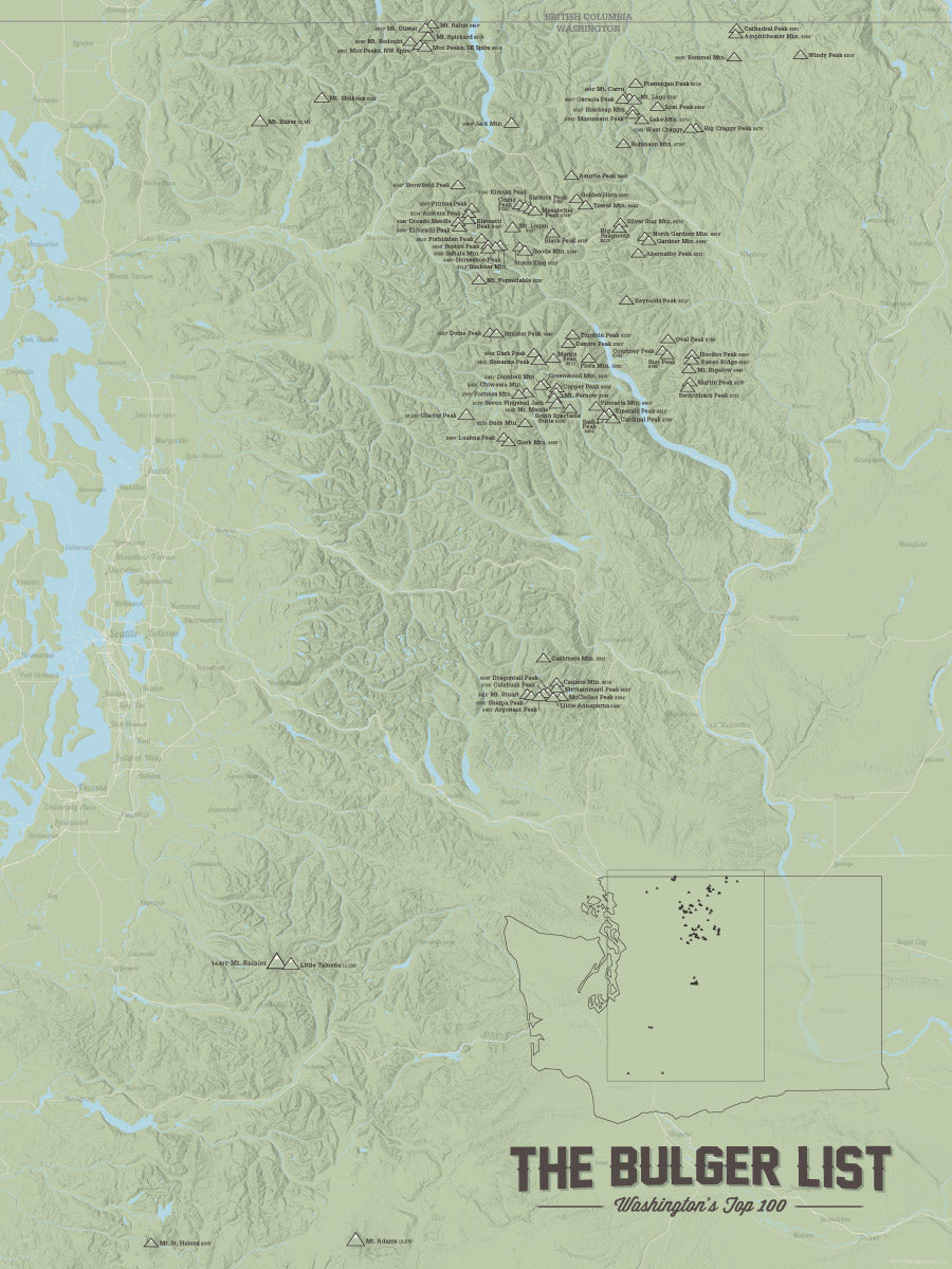 Washington Bulger List map checklist poster - tan with federal lands