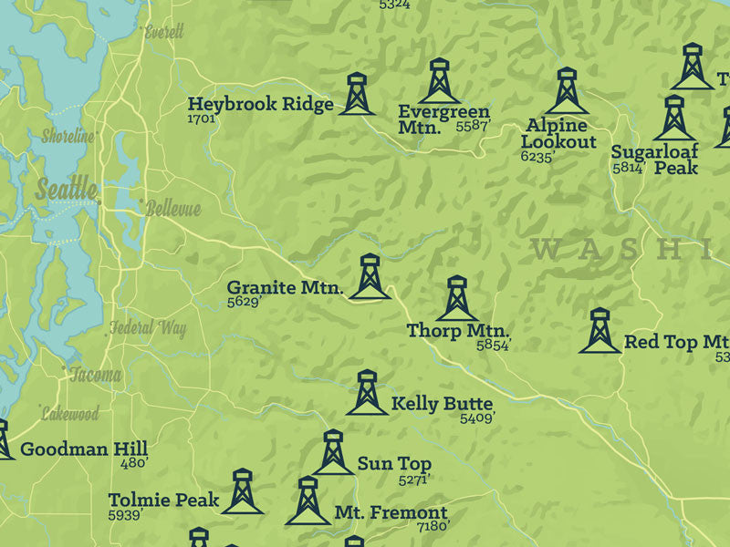 Washington Fire Lookouts map poster- green & aqua