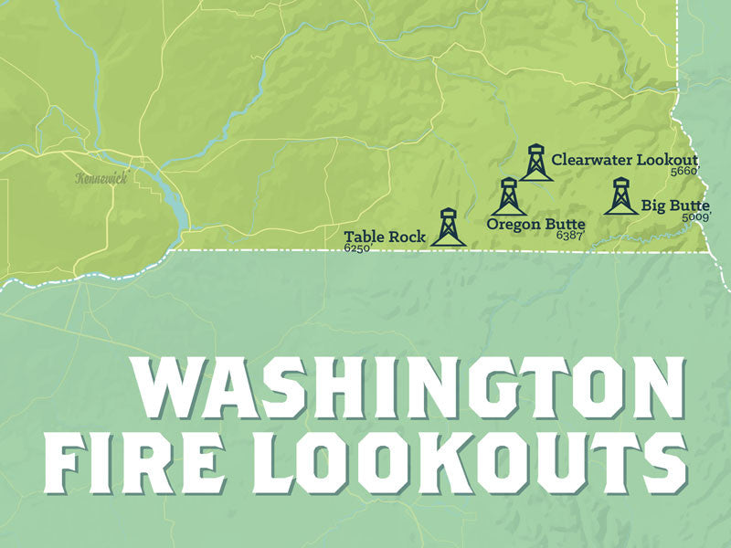 Washington Fire Lookouts map poster- green & aqua
