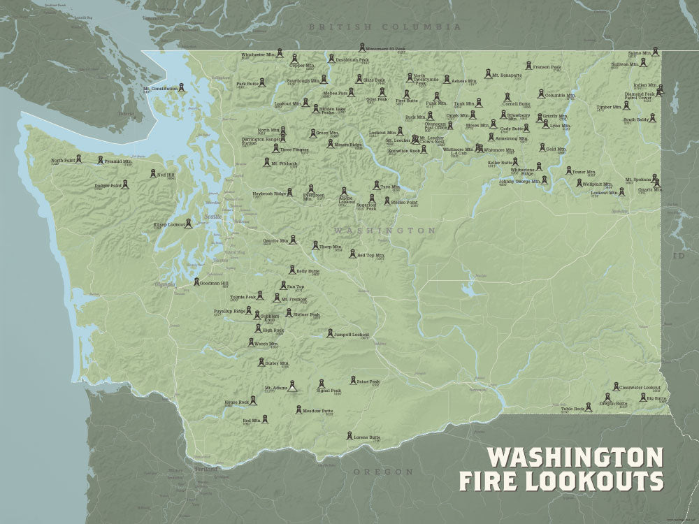 Washington Fire Lookouts map poster- sage & olive