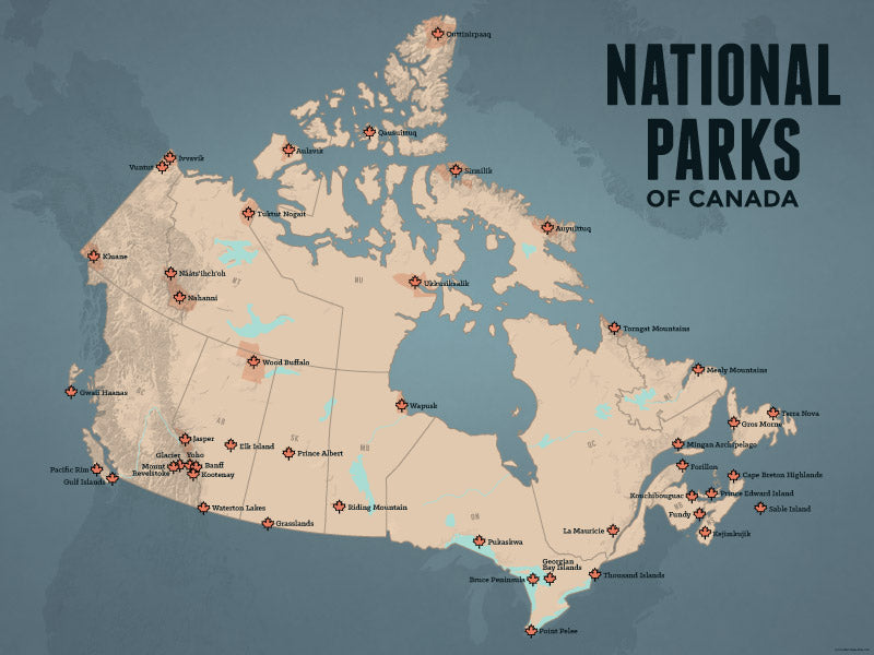 Canada National Parks map poster - tan & slate blue