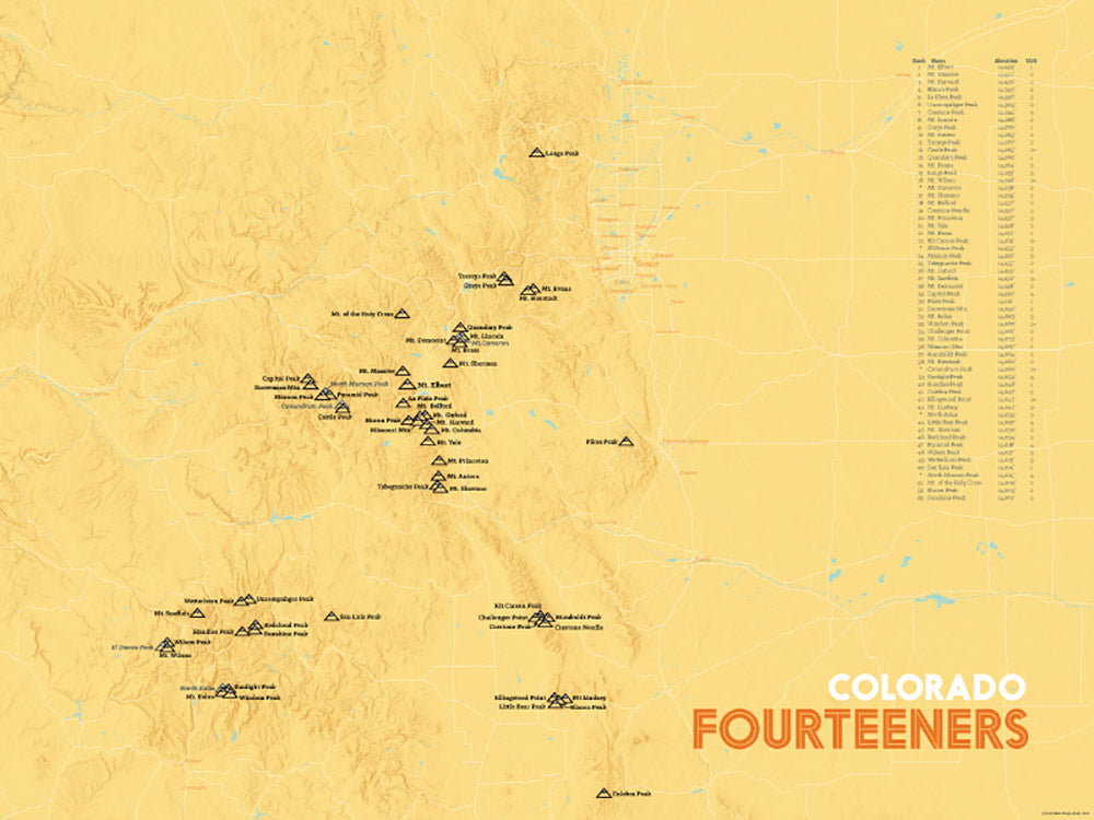 Colorado Fourteeners 14ers Map Poster - yellow orange