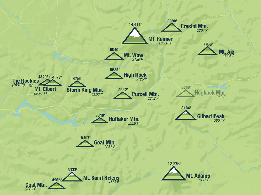 Washington Prominent Peaks map poster - green & aqua