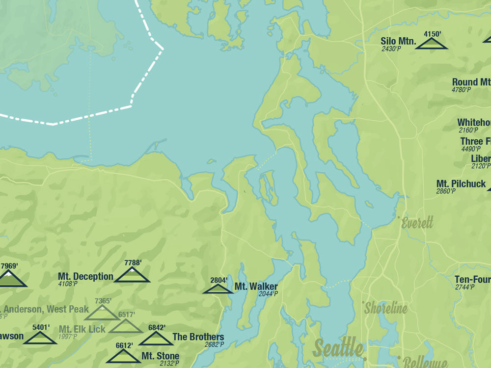 Washington Prominent Peaks map poster - green & aqua