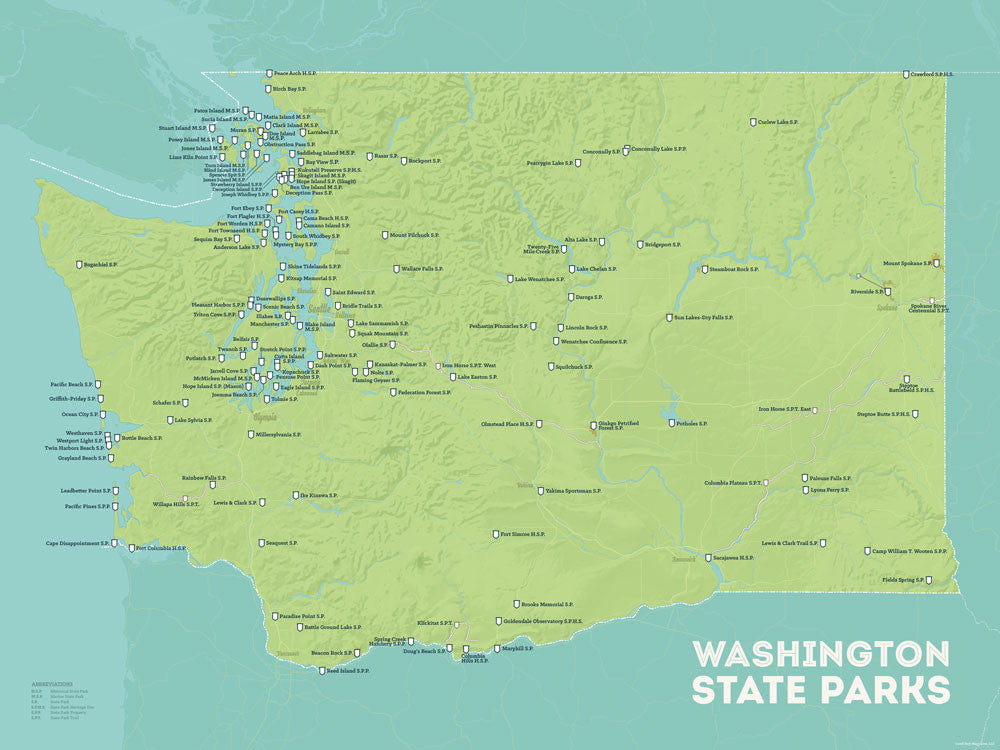 Washington State Parks Map Poster - green & aqua