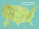 USA National Forests Map Poster - green & aqua